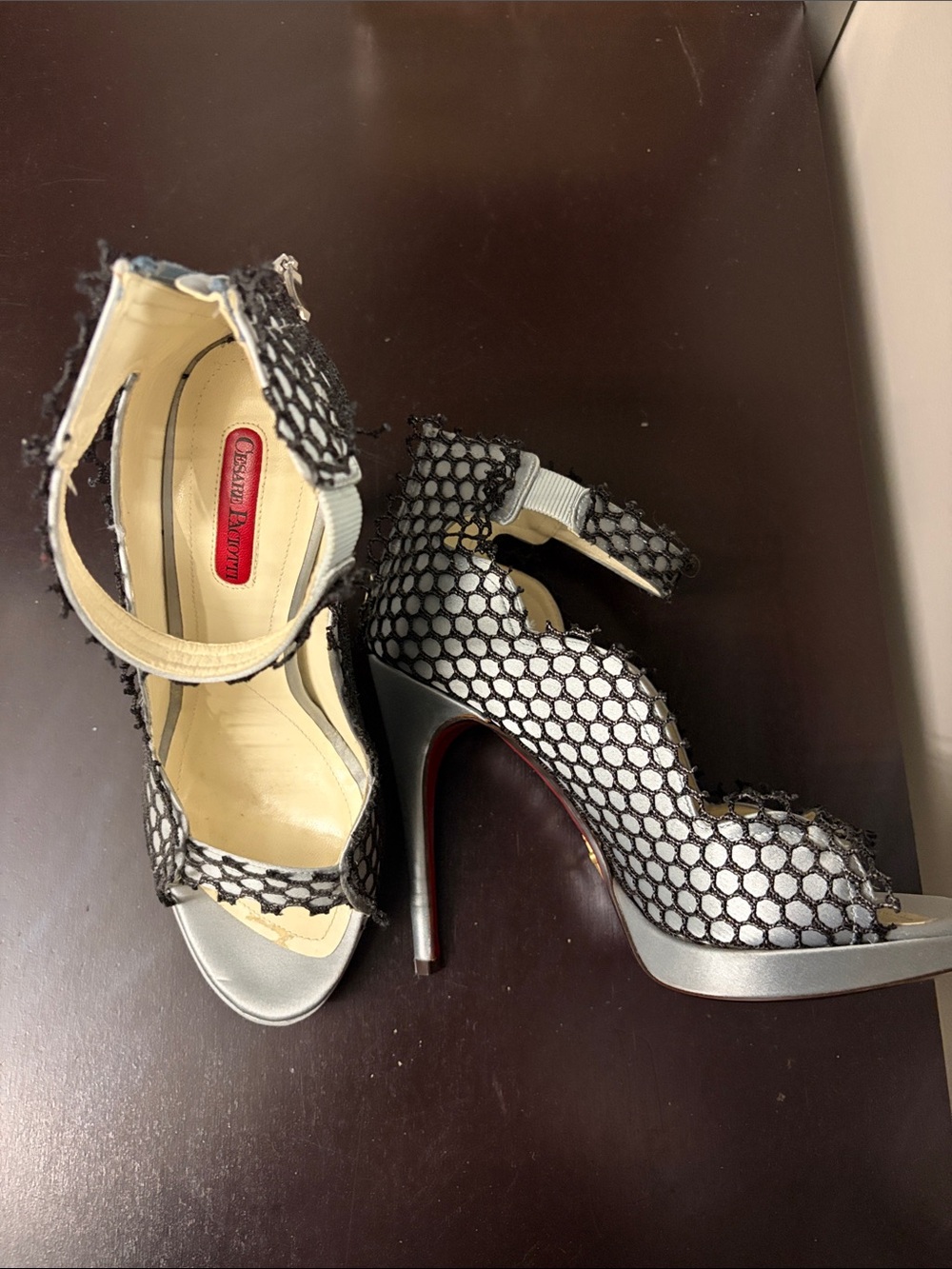 Vintage Cesare Paciotti Light Blue Satin & Macrame Fishnet Platform Heels